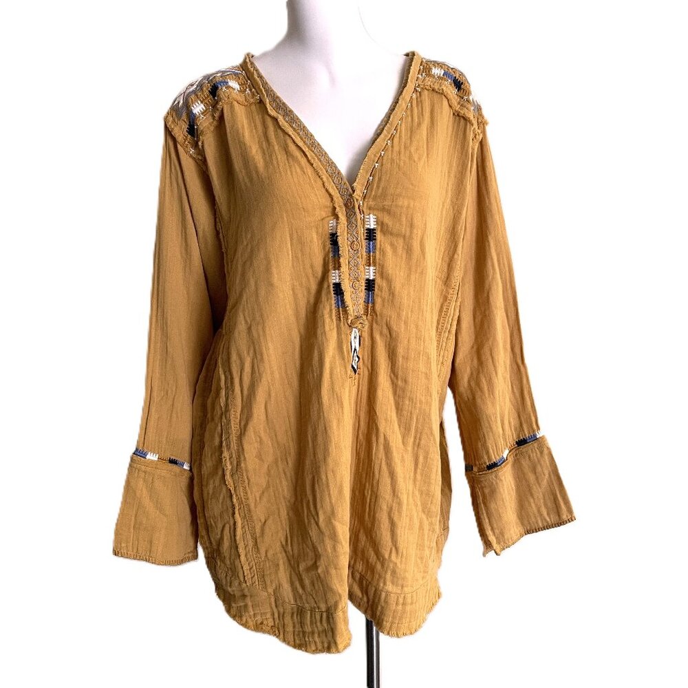 Johnny Was Mars Gauze Tunic Top Sz XL ? Gold Embroidered Aztec Beaded Frayed